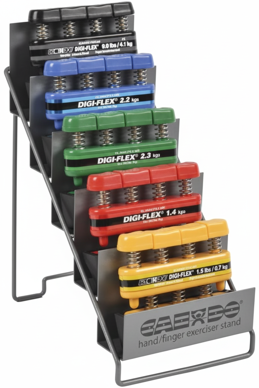 Libor CanDo Digi-Flex el egzersiz aleti - 5'li set (sarı, kırmızı, yeşil, mavi.siyah)metal raflı:10-0749